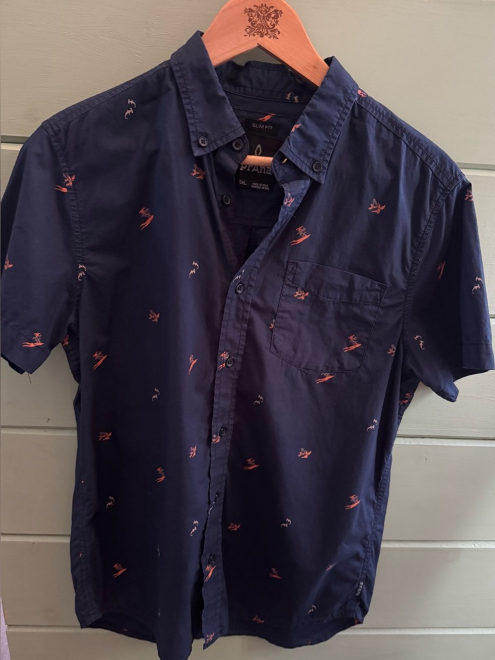 prAna Shirt Mens Small Slim Fit Button Up Blue Palm Tree Print Short Sleeve